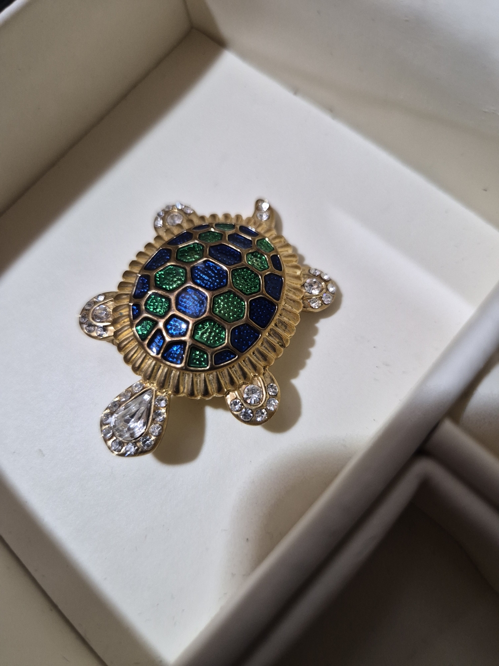 Vintage Gold Turtle Brooch with Blue & Green Enamel and Clear Crystals